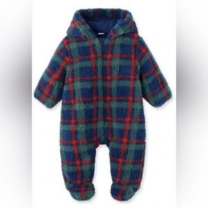 NWT Little Me Baby Fleece Sherpa Plaid Hooded Jumpsuit - Blue/Green - 3-6M
